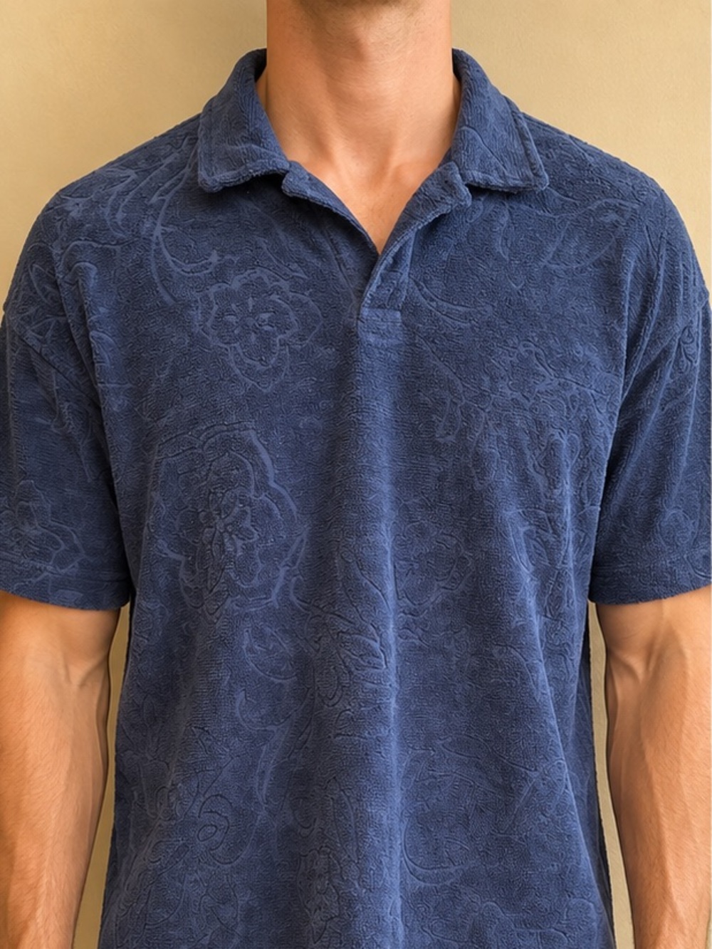 American Eagle Outfitters Navy Textured Floral Jacquard Polo